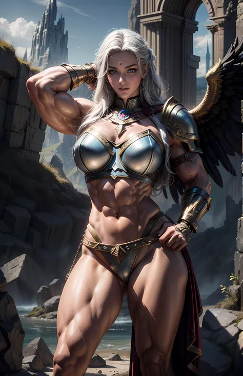 Asgard，Valkyrie，Muscular woman, Lady Knight，Correct anatomy，Epic fantasy digital art，tmasterpiece，8K，high-definition resolution，Detailed drawing，Culidad Superior，, epic composition, Courageous body, ((((huge muscular legs))))