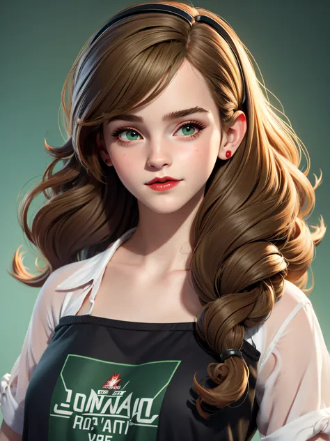 young girl, 16 years (Emma Watson :1.1) red lips, green eyes, listen to music, headphones, long curly hair, Art by Ray Shark