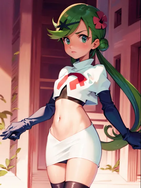 zodiac_mallow, lovely small breasts, solo, green hair, dark skin, twin tails, pink flower in hair,team rocket,team rocket uniform,white skirt,crop top,black thigh-high boots,black elbow gloves,