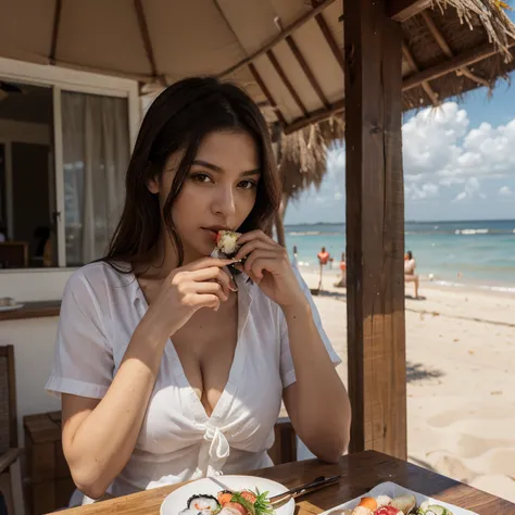 Mulher branca comendo sushi na praia