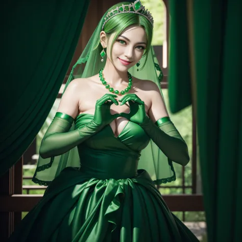 emerald tiara, Green Pearl Necklace, Boyish very short green hair, lipsticks, Japan woman smiling, very short short hair,  big breasts beautiful, Green eyes, Long green gloves made of satin material, Green eyes, Emerald Earrings, green vale, Heart with bot...