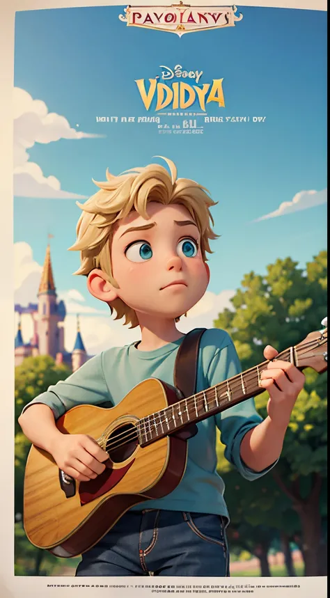 Disney Pixar movie poster featuring a boy with grey-green eyes and blonde hair playing the guitar, background park, the text on the Poster "Volodya"