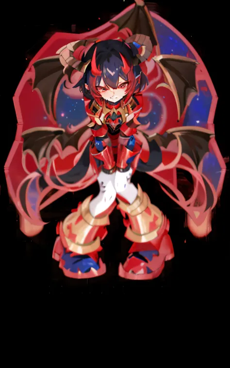 a close up of a cartoon character with a red and blue outfit, draconic looking armor, mika kurai demon, demon, giesha demon, dapper dream demon, is evil gremlin, muscled humanoid balrog demon, darius puia, demon male, red demon armor, octorok, guggimon, de...