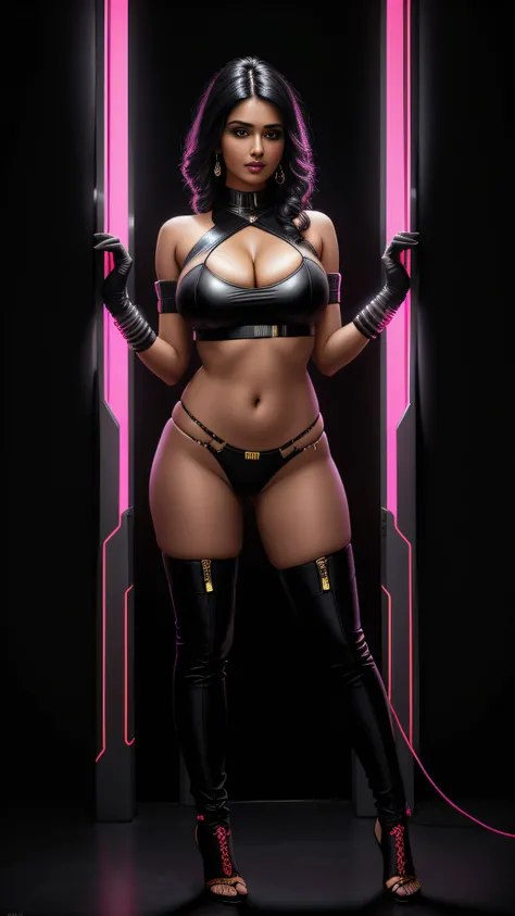 there is an indian woman standing, 3 d neon art of a womans body, neon-noir background, cyberpunk femme fatale, seductive cyberpunk dark fantasy, cyberpunk strip clubs, cyberpunk 20 y. o model girl, oppai cyberpunk, banner, high definition cgsociety, cgsoc...