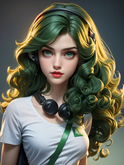 young girl, 16 years (Alexandra Daddario :1.1) red lips, green eyes, listen to music, headphones, long curly hair, Art by Ray Shark