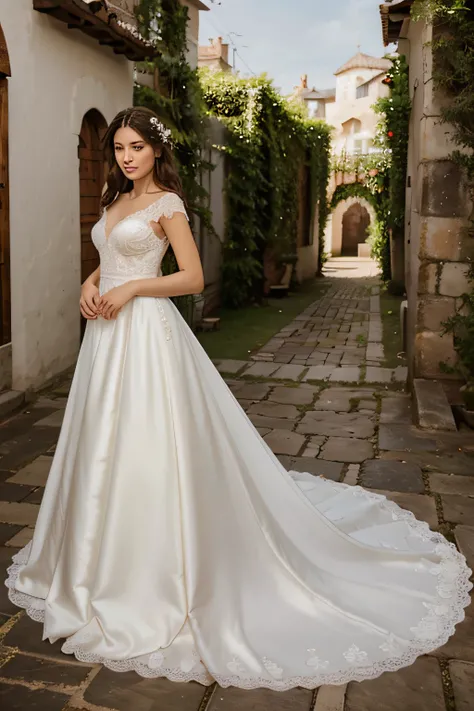 (best quality,realistic:1.2) romantic style wedding dress, light and airy, for outdoor wedding. Natural and lightweight fabric, no shimmer, with lace and small flowers, [bohemian], [ethereal], [dreamlike], [soft colors], [gentle sunlight], [whimsical atmos...