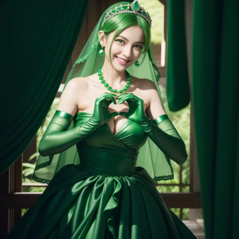 emerald tiara, Green Pearl Necklace, Boyish very short green hair, lipsticks, Japan woman smiling, very short short hair,  big breasts beautiful, Green eyes, Long green gloves made of satin material, Green eyes, Emerald Earrings, green vale, Heart with bot...