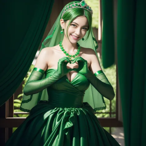 emerald tiara, Green Pearl Necklace, Boyish very short green hair, lipsticks, Japan woman smiling, very short short hair,  big breasts beautiful, Green eyes, Long green gloves made of satin material, Green eyes, Emerald Earrings, green vale, Heart with bot...