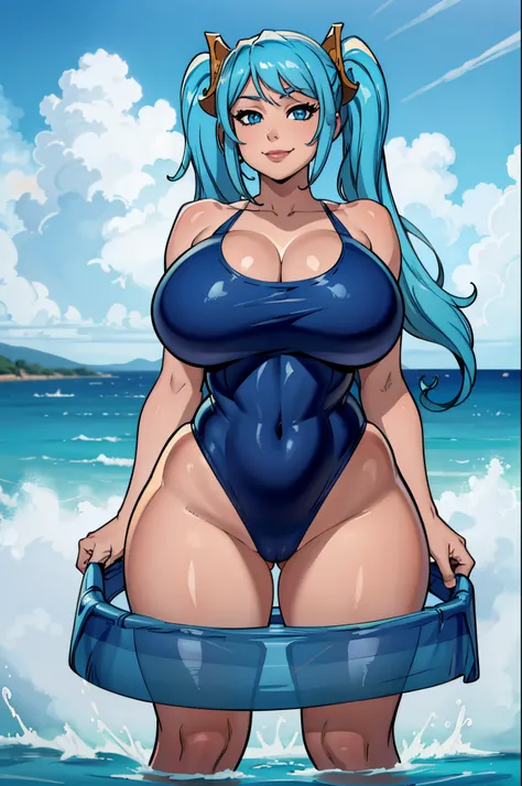 (masterpiece, official art), 1girls, solo, shortstackBT, shortstack, thick, curvy, curvaceous, plump, light blue hair, blue eyes, long hair, sona buvelle, twintails, hair ornament, (competitive swimsuit, school swimsuit), (closeup), portrait, (gigantic bre...