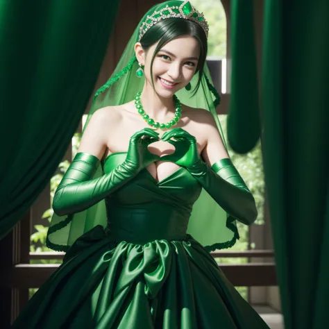 emerald tiara, Green Pearl Necklace, Boyish very short black hair, lipsticks, Japan woman smiling, very short short hair,  big breasts beautiful, Green eyes, Long green gloves made of satin material, Green eyes, Emerald Earrings, green vale, Heart with bot...