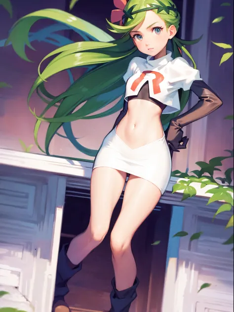 zodiac_mallow, lovely small breasts, solo, green hair, dark skin, twin tails, pink flower in hair,team rocket,team rocket uniform,white skirt,crop top,black thigh-high boots,black elbow gloves,