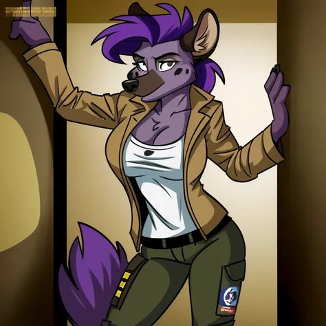 Hyena, Anthro, snout, small breasts, cleavage, sniper top, sniper pants, in bedroom, jacket, solo, 1girl, purple hair, full body, brown fur, tail