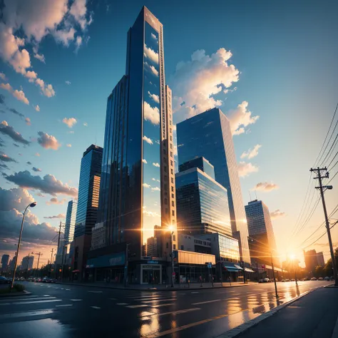 no humans, scenery, cloud, sky, reflection, outdoors, sunset, signature, cloudy sky, sign, utility pole, building, power lines, road sign, blue sky, mirror, city, sun, cityscape, horizon, lens flare