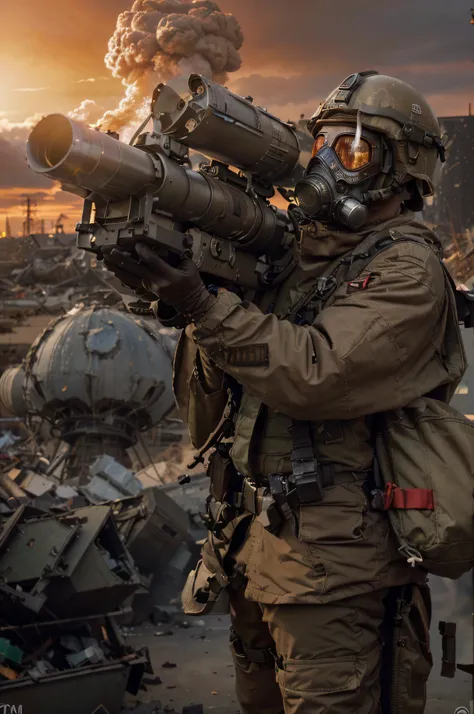 soldier with light brown anti-radiation suit with red details, gas mask, metal armor, holds a large nuclear rocket launcher, is in a completely destroyed modern city, nuclear mushroom in the background, fire, smoke, debris, red sky, ultra-realistic, 4k, Ul...