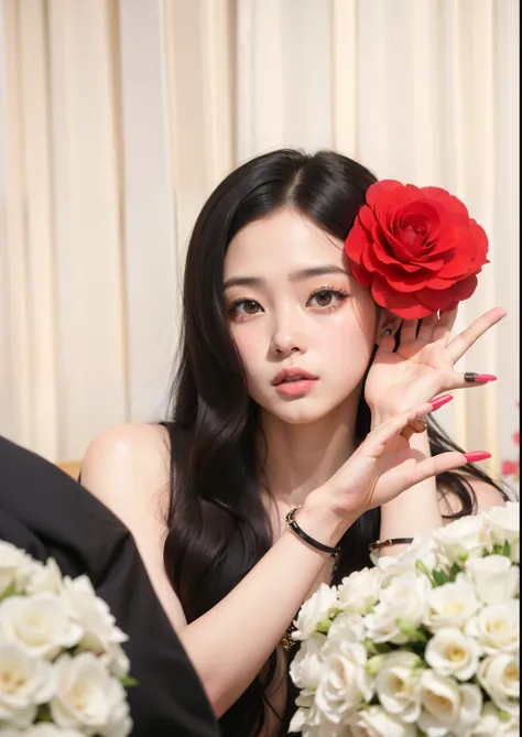 mulher araffe com uma rosa no cabelo sentada em frente a um espelho, Jinyoung Canela, TaeJune Kim, rosa vermelha no cabelo, segurando uma rosa, Sakimichan, Heonhwa Choe, jossi do blackpink, dilraba dilmurat, Mulher sul-coreana bonita, Jisoo do Blackpink, U...