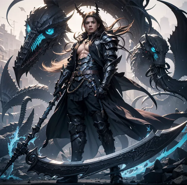 Obra maestra, hiperrealista con detalles intrincados. Un primer plano de un hombre, cabello plateado, dark skin, exoskeletal armor. holding a black scythe. por Yang J, Pixiv, fantasy art, Demonio masculino en forma con cuernos blancos., armadura de asesino...