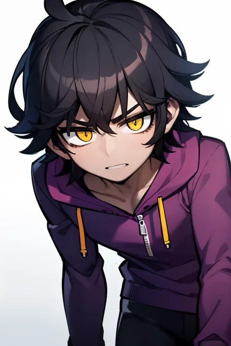 a cartoon image of a man in a purple hoodie and black pants, bob hair cut, black hair, yellow eyes, 4k,