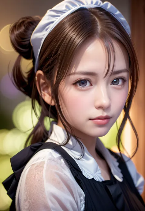 8K, of the highest quality, masutepiece:1.2), (Realistic, Photorealsitic:1.37), of the highest quality, masutepiece, Beautiful young woman, Pensive expression, Gentle look, Cute Maid Clothes, Hair tied back, feeling radiant, Cinematic background,, Light sk...