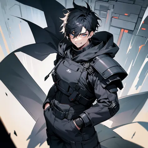 1male, short messy black hair, black finely detailed eyes, earrings, combat suit with hood, posing with hands in pockets, dark village, standing on rooftop, surrounded by smoke, confident, grin