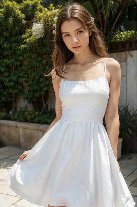 araffe woman in a white skater dress standing in a vogue photo, an album cover by Douglas Shuler, pexels, renaissance, wearing a white sundress, wearing a white flowing dress, white sundress, simple cream dress, wearing a cute white dress, wearing a white ...