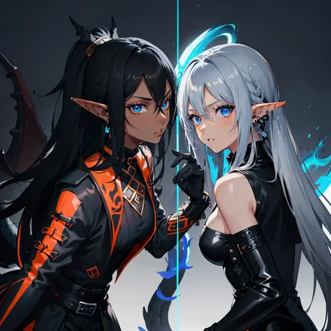 1girl , (((Dark Skin)))), Black Hair with Ponytail, (((Blue Eyes))), ((Black Metallic Gauntlets and Greaves with Orange and Silver Highlights)), (((The Clothes Have a Mix of Modern and Tribal))), (((The Clothes Have a Mix of Modern and Tribal))),  having m...