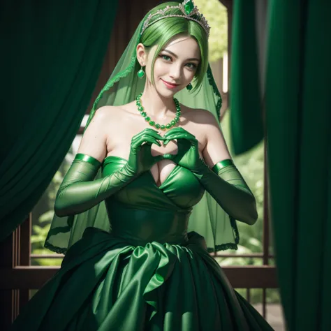 emerald tiara, Green Pearl Necklace, Boyish very short green hair, lipsticks, Japan woman smiling, very short short hair,  big breasts beautiful, Green eyes, Long green gloves made of satin material, Green eyes, Emerald Earrings, green vale, Heart with bot...