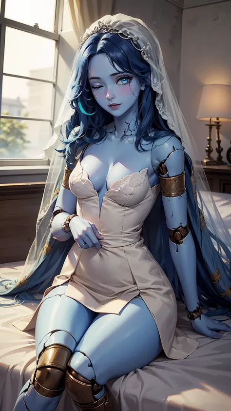 ((((masterpiece, best quality, high resolution)))), (1girl:1.5), ((wavy hair, cracked skin, colored skin, blue skin, doll joints, one eye closed, four arms)), (medium breasts:1.2), blush, light smile, parted lips, glow, thighs, bare shoulders, collarbone, ...