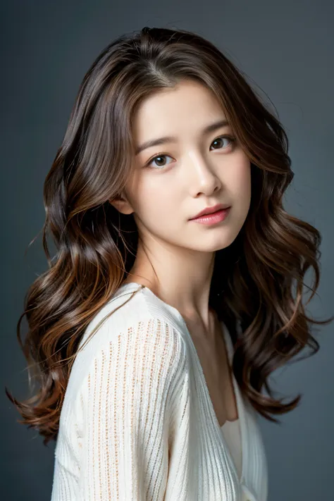 loose wavy hair、dark brown hair、top image quality、simple white studio、photo from the front