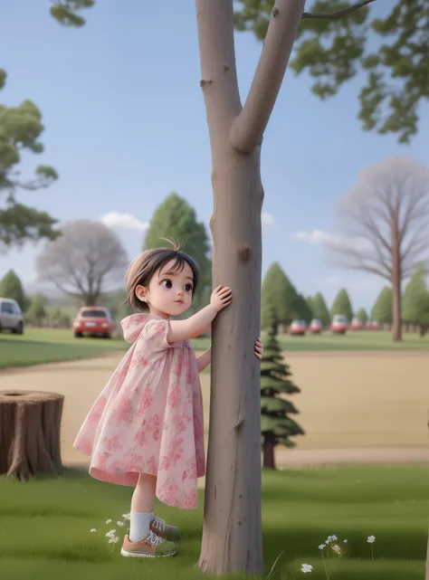 there is a baby who is standing next to a tree, with a tree in the background, next to a tree, with a tall tree, tree in the background, trees in the background, tiny girl looking on, climb a tree, against the backdrop of trees, Directed by: Nandor Soldier...