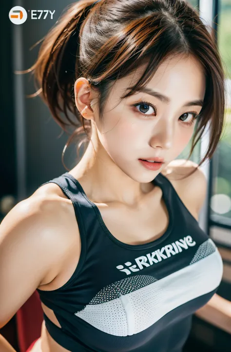 Exposed nipples、Capturing the essence of Eri Kamei&#39;s photorealistic scenes、Morning Musume。, Dressed in trendy gym attire for a personal training session. Imagine her today, fully equipped gym, Showing off her fitness routine. The image should emphasize...