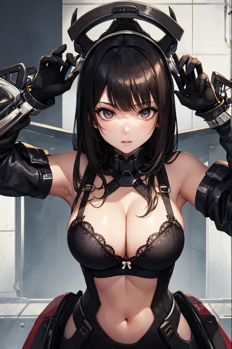 ​masterpiece、Top image quality、Black hair、Black bra、Colossal tits、mechs、animesque、8K,​masterpiece, bset quality,Colossal tits、（1girl in）、((Pit Girl Suit))、shinny skin、Shiny big、dark-brown eyes、 ((top-quality))、 Crisp focus:1.2、Highly detailed facial and sk...