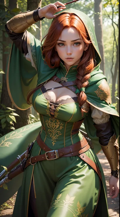 Generate a striking digital image of a beautiful medieval archer woman, adorned in an embroidered tunic and pants, a forest-green hooded cloak, and fingerless leather gloves. Her flowing auburn hair is intricately braided, complementing the elaborate longb...