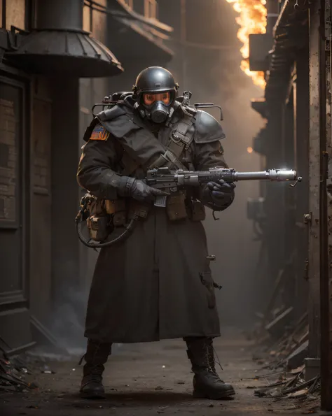 Male soldier, looks forward, gas mask, gray helmet, dark brown Soviet style uniform, belt with ammunition, dark gray oval metal shoulder pads, black boots, gloved hands, highly detailed hands, has flamethrower, pipes, has iron tanks on the back, he is in a...