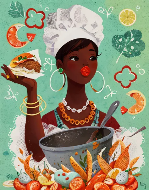 pintura de uma mulher segurando um prato de comida em frente, amazing food illustration