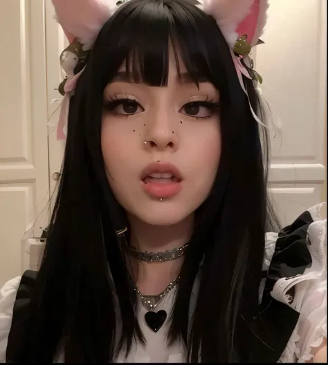 a close up of a woman with long black hair wearing a bunny ears costume, girl with cat ears, belle delphine, very beautiful cute catgirl, portrait of a goth catgirl, woman with cat ears, black hair black cat ears, anime girl with cat ears, 1 7 - year - old...