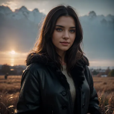 Masterpiece, (((full figure supermodel visible full body shot))), (((magical lighting action shot))) (((beautiful fit pale smiling Grey eyes goddess Ukraine woman standing in cold field surrounded in heaven vast fantasy landscape)))  ((city of kyiv Ukraine...