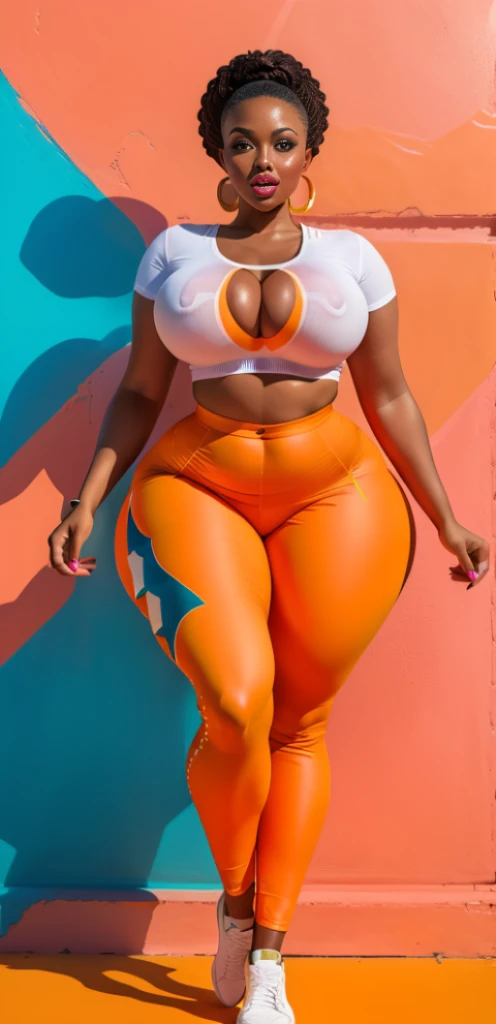 "An ultra-detailed 8k masterpiece of better quality and high saturation well focused. The image features an outfit illustration featuring a stunning stunning plus size African beauty woman wearing a super tight orange leggings outfit including super tight ...