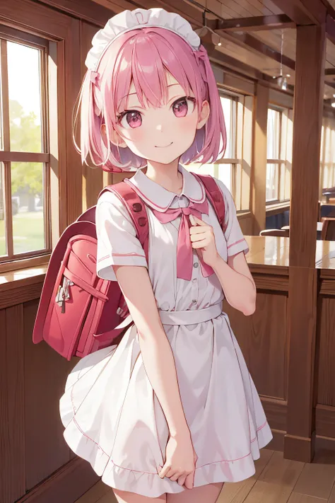 (masutepiece), Best Quality, High resolution, Highly detailed, Detailed background, Perfect Lighting, Indoor, 1girl in, Petite, Looking at Viewer, Petite, Maid Uniform, Adorable smile, Wearing a pink school bag backpack, (Randoseru Backpack:1.0)