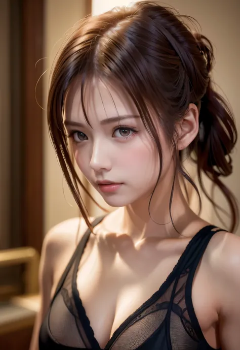 8K, of the highest quality, masutepiece:1.2), (Realistic, Photorealsitic:1.37), of the highest quality, masutepiece, Beautiful young woman, Pensive expression, Thoughtful look, sexy lingerie、Hair tied back, Messy mood, Cinematic background, Tired, Light sk...