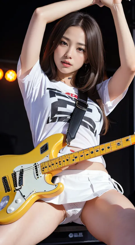 1womanl、(Super beautiful)、(beauitful face:1.5)、(A detailed face:1.5)、(A detailed eye:1.1)、(Detailed lips:1.1)、(Detailed nose:1.1)、(plays the electric guitar:1.5)、(electric guitar:1.5)、(with spreading legs:1.2)、(Showing white panties:1.4)、(tshirts)、(a minis...