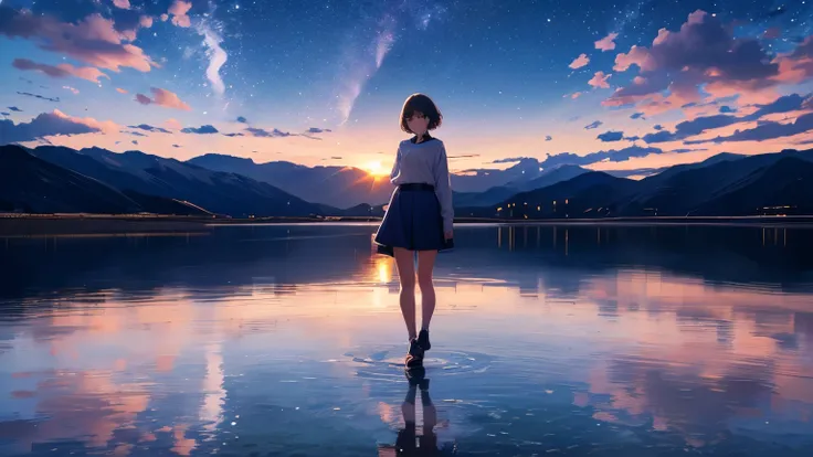 high-detail,Full body,girl with,Blue Pupils,Morning light,short-cut,Stand in the middle of a salt lake，The surface of the water is like a mirror，Reflecting the sky。Look at the sky，The Milky Way is in the sky。