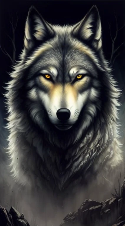 um lobo com olhos amarelos e fundo escuro, retrato do lobo da fantasia, lobo, Ele tem olhos de lobo amarelos, lobo cinzento escuro, foto de lobo, retrato do lobo, alpha wolf head, grande lobo, wolf head, Wolp, lobo hiper detalhado - como o rosto, lobo pelu...