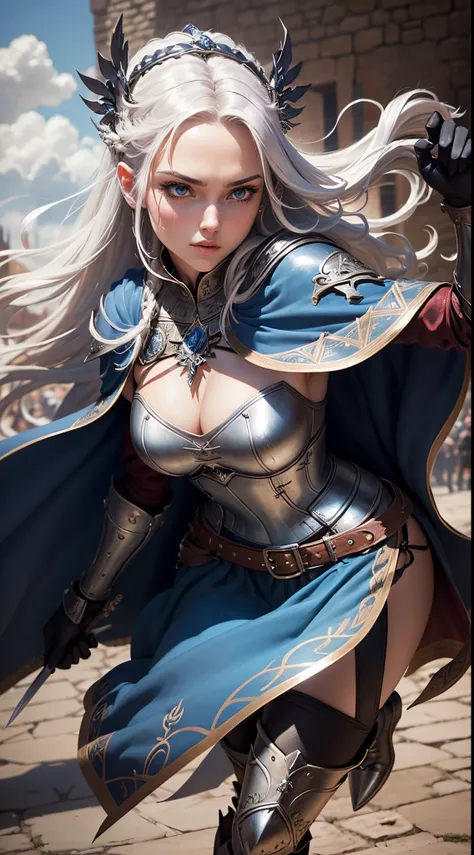 Generate a captivating digital image of a beautiful medieval swordswoman: a striking figure adorned in intricately detailed plate armor with flowing crimson accents, wielding a towering greatsword with an ornate hilt. Her braided platinum hair is complemen...