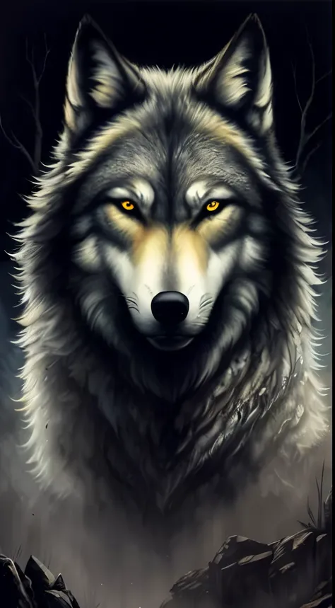 um lobo com olhos amarelos e fundo escuro, retrato do lobo da fantasia, lobo, Ele tem olhos de lobo amarelos, lobo cinzento escuro, foto de lobo, retrato do lobo, alpha wolf head, grande lobo, wolf head, Wolp, lobo hiper detalhado - como o rosto, lobo pelu...