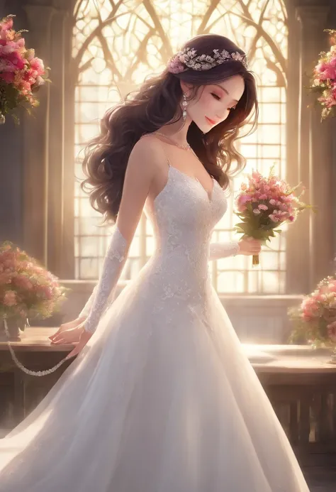 8K, hight resolution, ultra-detailliert, (masutepiece:1.4), Best Quality, Symmetrical body, (sexy in wedding dress:1.4), Choker, fringe tail, Holding flowers, Cute, Solo, earrings, Long hair, Dark purple hair, Brown eyes, glow effect, finely eye, Grinning,...