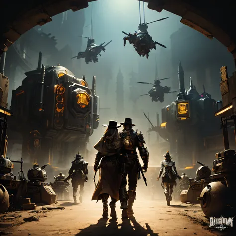 Image of a man and a woman walking in front of a group of robots, Grimdark steampunk fantasy, PS 4 - Game Cinematic, character with a hat, Horned, Wasteland, official splash art, 「hog, Gunslinger, gray wasteland, swarm, heavy white and golden armor, sepia,...