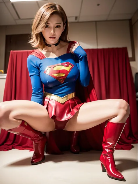 ​masterpiece,Short-haired supergirl spreading her thighs on a hospital operating table、large full breasts、Looking at the camera、Glossy enamel costume、Glossy red enamel long boots、Shiny red skirt、a choker、Wheezing、Fluttering cloak、seduces、sexypose