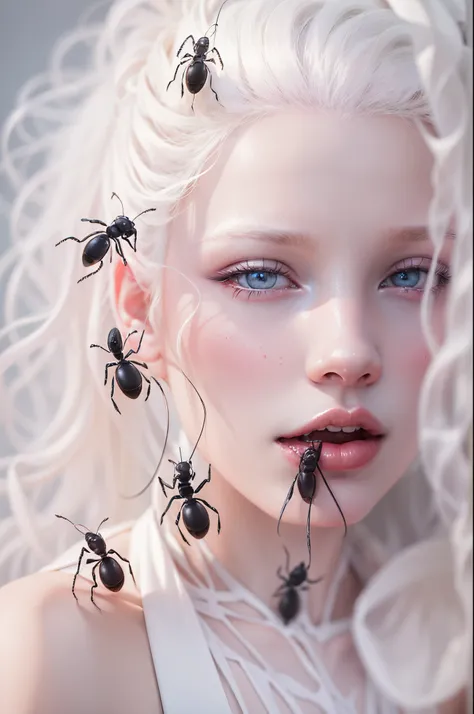 graceful albino girl, black ants crawling on your face, Fashion photography, 1/4000s, ISO 300, octan, 85mm f/ 1.2L ©VladtaArtAI