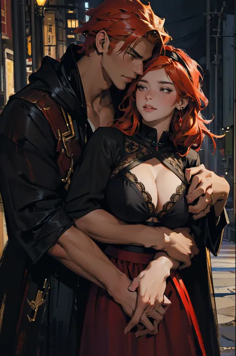 Depicts a strong werewolf hugging a blonde girl，(((black humanoid wolf)))，(((Black furry humanoid wolf)))，(((Beautiful sexy girl)))，(((Girls wear：red head band, cloaks, big bust bra, a skirt, red long skirt，laced dress)))，((Sexual suggestiveness))，Correct ...