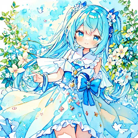 miku hatsune、（parakeet、Fairy girl surrounded by Herelis flowers 、Beautiful feathers that sparkle on the back、The background is a world in a sparkling picture book、A smile）、1girl in、（PastelColors:1.2)、(Cute illustration:1.2)、(watercolor paiting:1.2)、Pale bl...